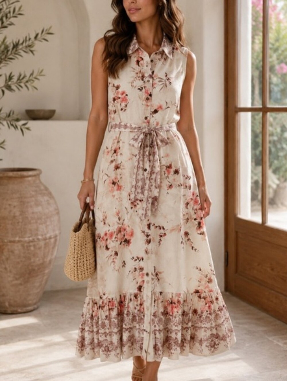 Ellie Tahari Linen Sleeveless White Floral Button-Front Maxi Dress Size 6